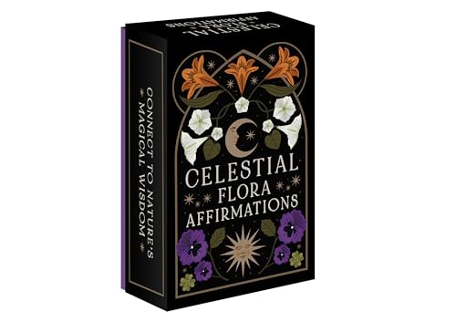Black affirmation card deck with floral and celestial designs.