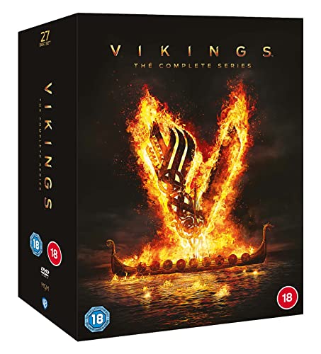 Vikings The Complete Series DVD box set featuring a burning Viking ship on water.