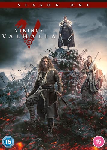 “Vikings: Valhalla” Season 1 DVD cover with three warriors and a battlefield.