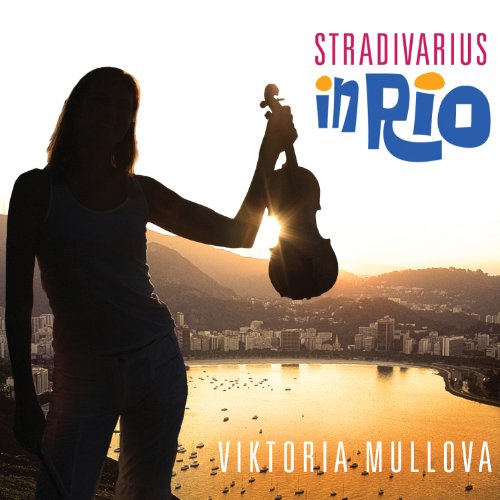 Silhouette of violinist holding violin over Rio de Janeiro skyline.