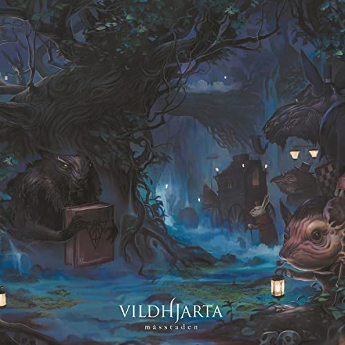 Dark fantasy album cover with animal figures and a mysterious town.