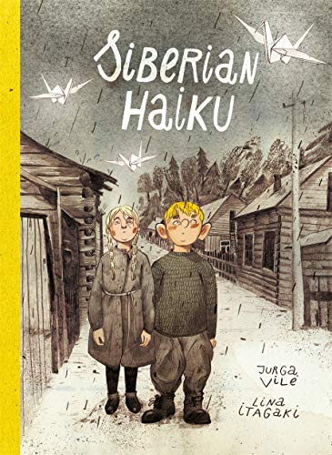 Book cover: two children stand before rustic wooden buildings, paper cranes.