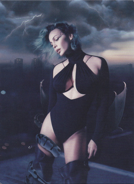 Woman with blue hair in black outfit, stormy city background.