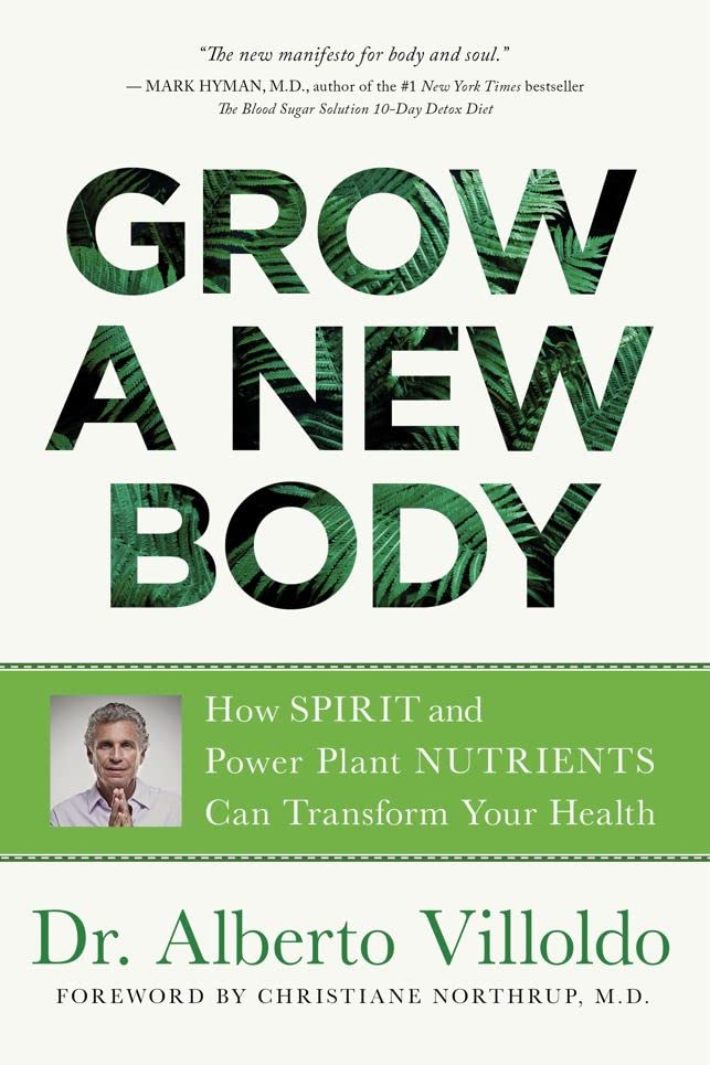 Book cover: "Grow a New Body" with leafy green text and author portrait.