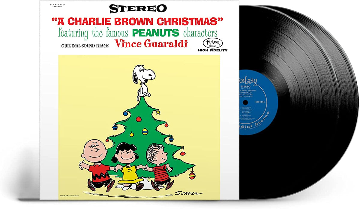 “A Charlie Brown Christmas” double vinyl record with Peanuts characters.