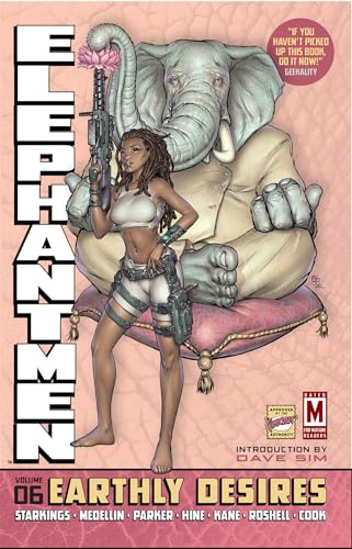 A woman with a gun stands before a seated elephant-man on a pink cushion.