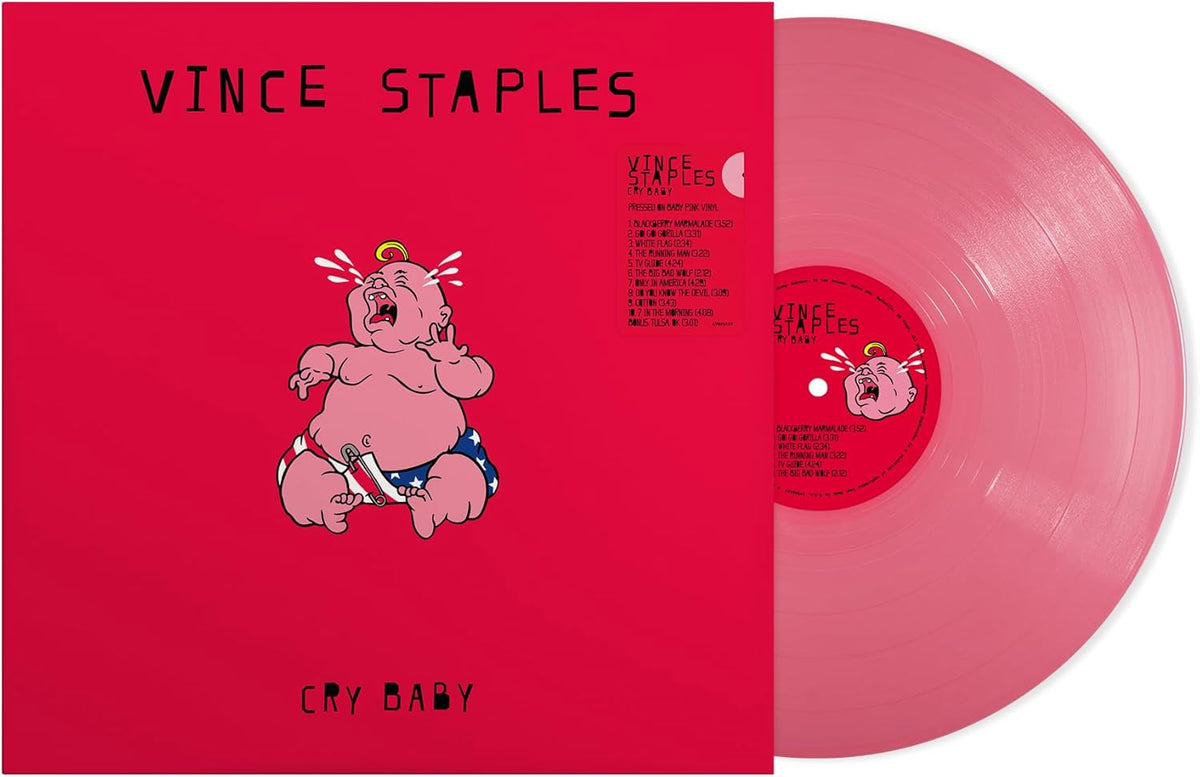 Hot pink vinyl record for Vince Staples’ “Cry Baby” album, with illustrated cover.