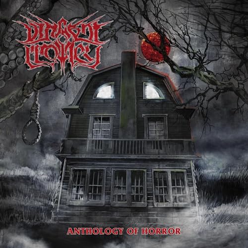 Haunted house illustration with red moon, album cover for Vincent Crowley.