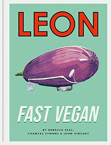 Book cover: "Leon Fast Vegan" with an eggplant-shaped airship illustration.