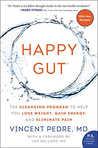 Book cover with “Happy Gut” title inside a water splash circle.