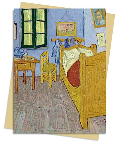 Van Gogh’s “Bedroom at Arles” painting with warm tones and simple furniture.