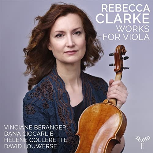 Vinciane Béranger portrait with a viola; album cover for Rebecca Clarke works.