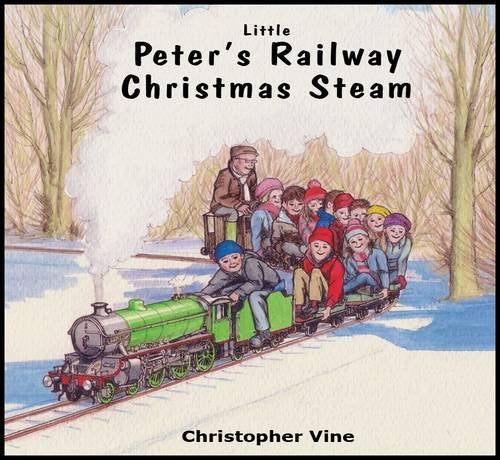 Vintage-style illustration of a green steam train with children and a driver.