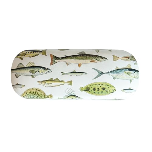 Hard glasses case with a white background and various vintageS vintage fish illustrations.