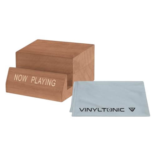 Wooden record stand with "NOW PLAYING" text and a grey microfibre cloth.