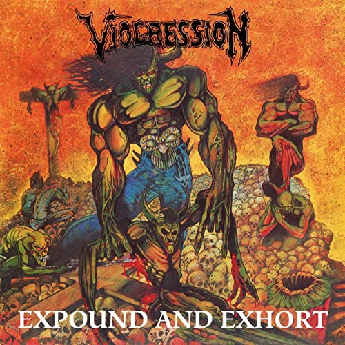 CD cover art: grotesque, muscular figure amidst skulls and a fiery landscape.
