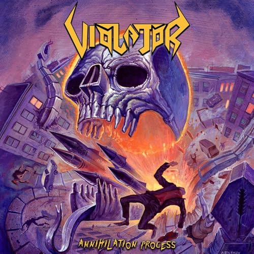Skull and city destruction album cover for Violator’s “Annihilation Process.”