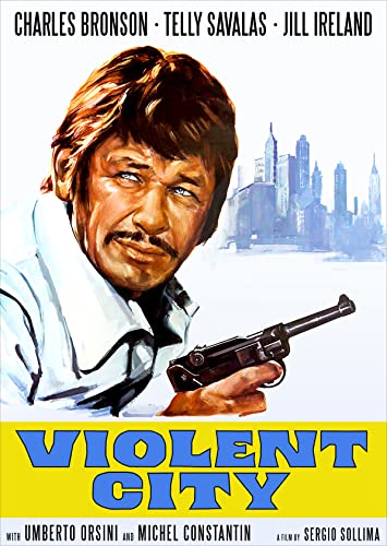 Charles Bronson holds a gun, cityscape backdrop, "Violent City" DVD cover.