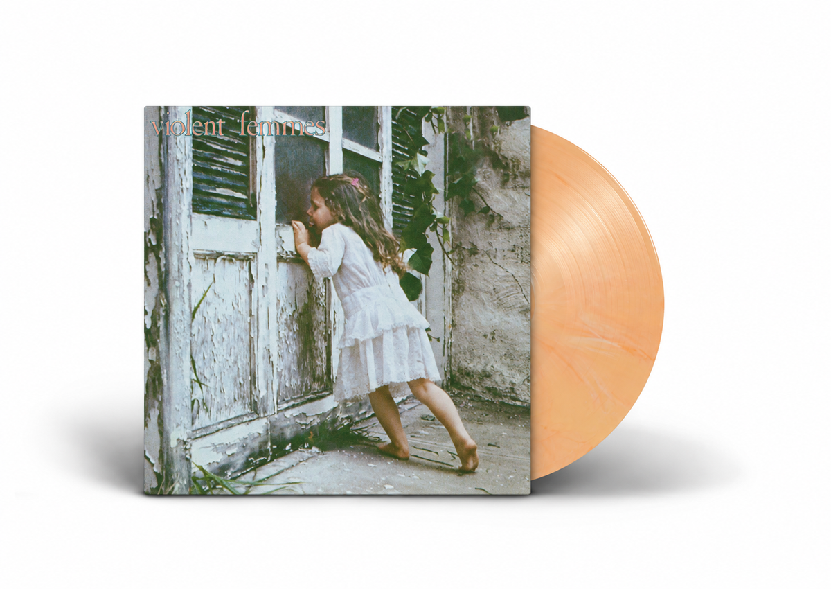 Violent Femmes album cover with a girl at a doorway, marbled vinyl record.
