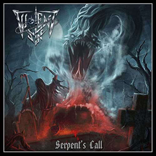 A hooded figure stands in a graveyard as a giant spectral serpent emerges from smoke.