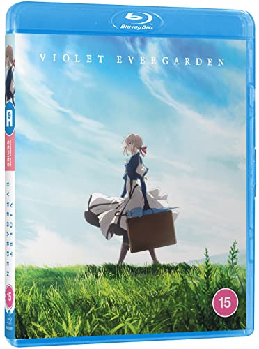 Violet Evergarden anime character standing in a grassy field under a blue sky.