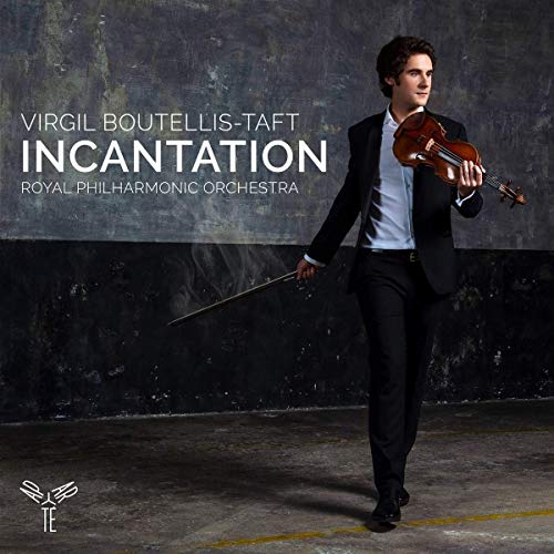 Violinist Virgil Boutellis-Taft in suit, holding violin, album cover art.