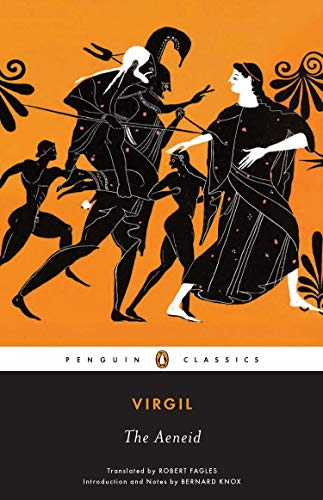 "Book cover of 'The Aeneid' with orange, white, and dark blue sections and illustrations."