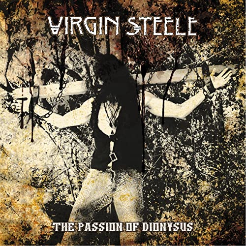 A person with long hair is chained to a wooden cross against a textured background.