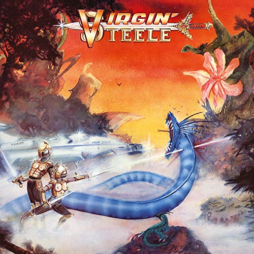 Fantasy album cover with knights, a blue dragon, and futuristic elements.