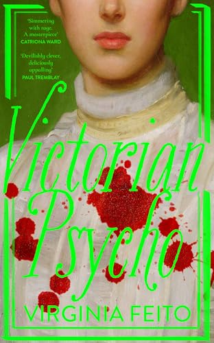 A portrait of a woman in a white dress splattered with red bloodstains.