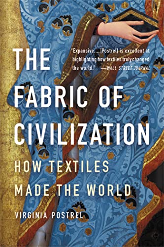 Book cover: “The Fabric of Civilization” with blue patterned fabric imagery.