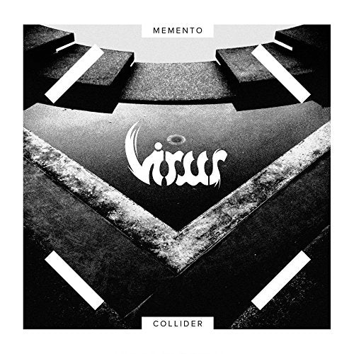 Album cover for “Memento Collider” by Virus, featuring abstract black and white design.