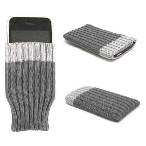 Gray knitted phone cozy shown from multiple angles on white background.