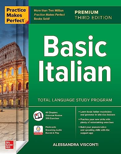 Book cover for Practice Makes Perfect: Basic Italian with an image of the Colosseum.