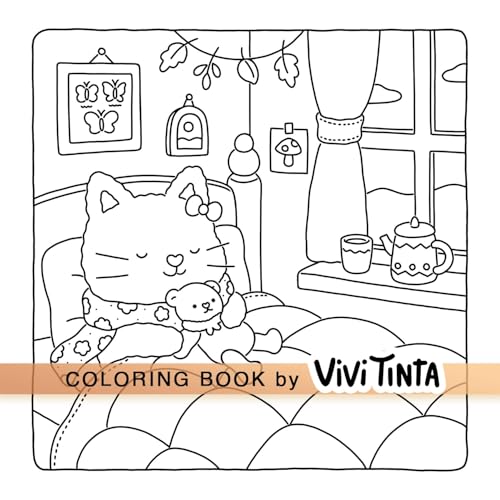 Line drawing of a cat with a toy, cozy room interior, coloring book.