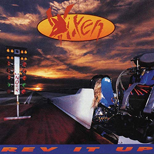 CD cover for Vixen’s “Rev It Up!” featuring a motorcycle and racetrack.