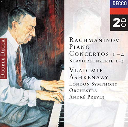 CD cover featuring a painting of Rachmaninov playing piano with text listing the concertos.