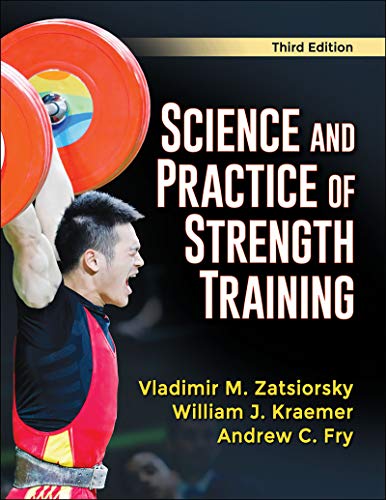 Book cover: “Science and Practice of Strength Training” with weightlifter.