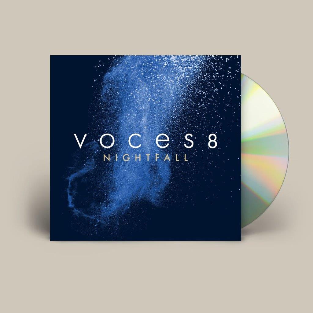 VOCES8 “Nightfall” CD cover with dark blue nebula and reflective disc.
