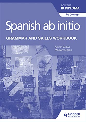 Blue textbook cover with text "Spanish ab initio Grammar and Skills Workbook".