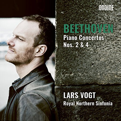 CD cover with a man and Beethoven piano concertos information on a stone background.