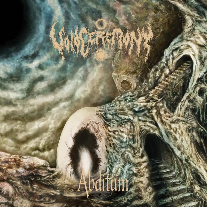 Dark, textured album cover for Voidceremony’s “Abditum” with organic, cave-like imagery.