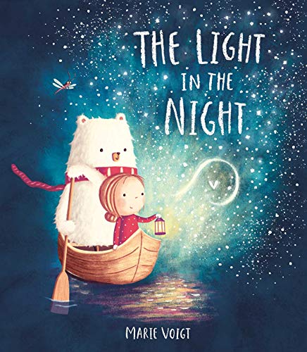 Child and bear in a boat with a lantern under starry sky.
