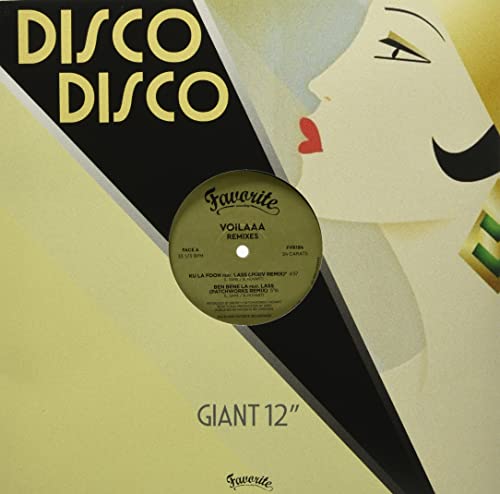 Vinyl record label for "Voilaaa - Remixes" with disco-themed artwork.