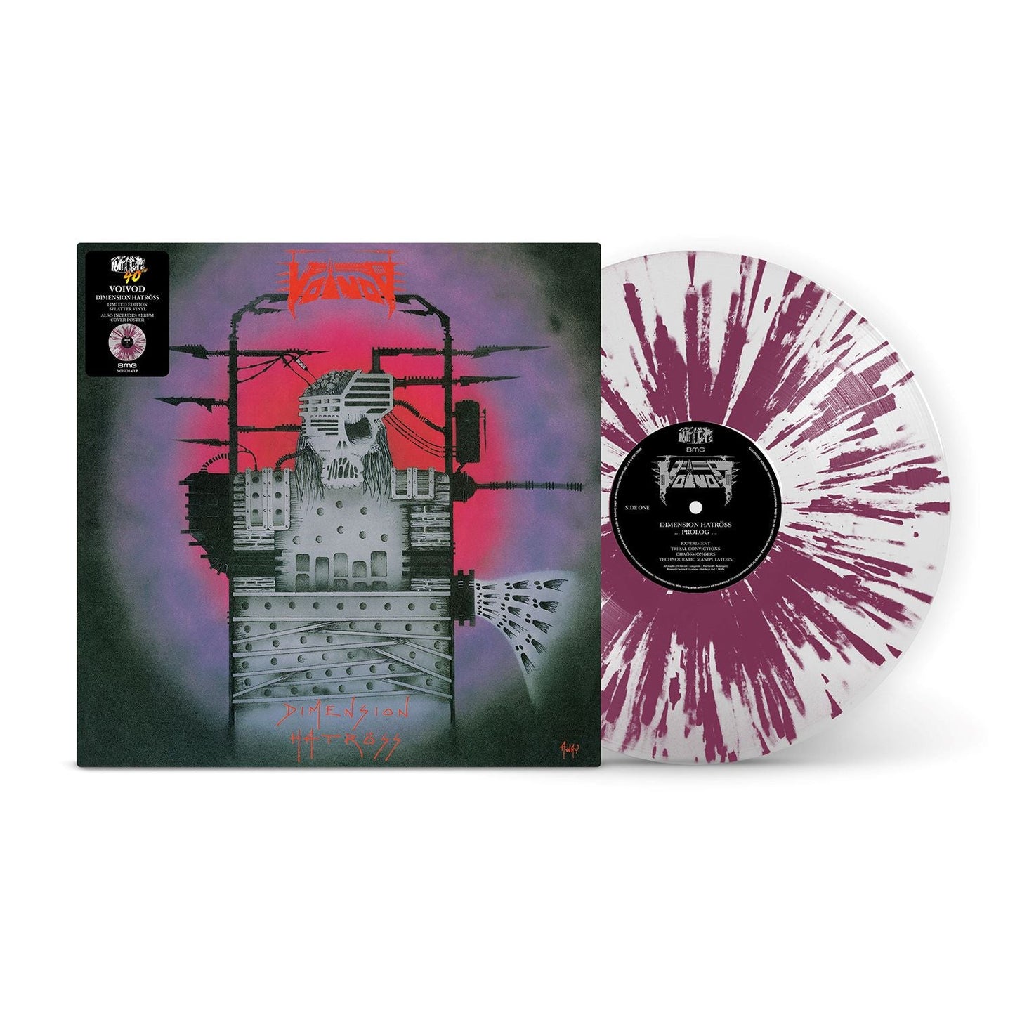 "Vinyl record with splattered purple design and album cover featuring a robot skull."