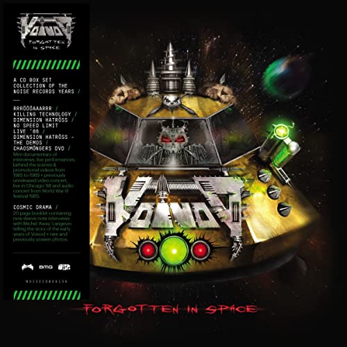 Voivod “Forgotten in Space” CD cover: sci-fi castle, spaceship, green eyes.