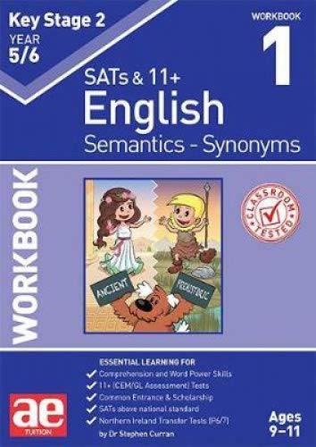 Workbook cover: "KS2 Semantics - Synonyms" with illustrated children and bear.