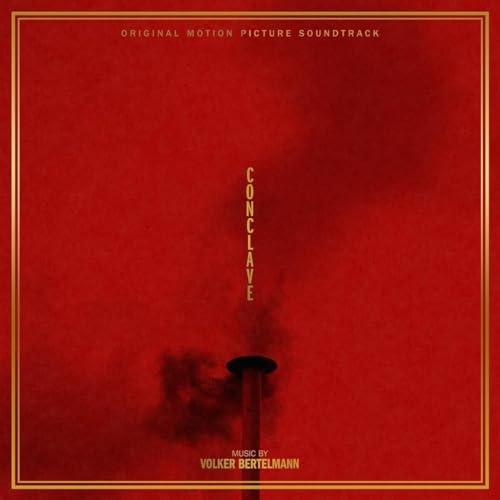 Red album cover for "Conclave" soundtrack with smoke rising from a chimney.