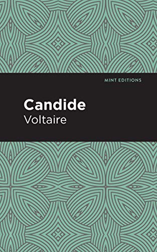 Book cover for Candide by Voltaire with a mint green geometric pattern.