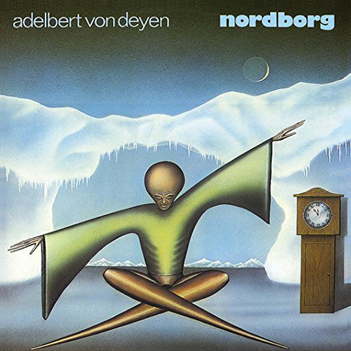 "Album cover art featuring a surreal figure meditating beside a grandfather clock."